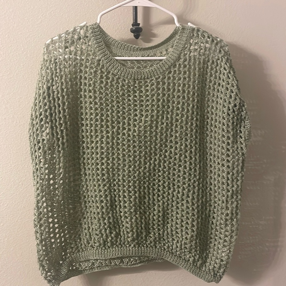 Green hollow neck crew sweater